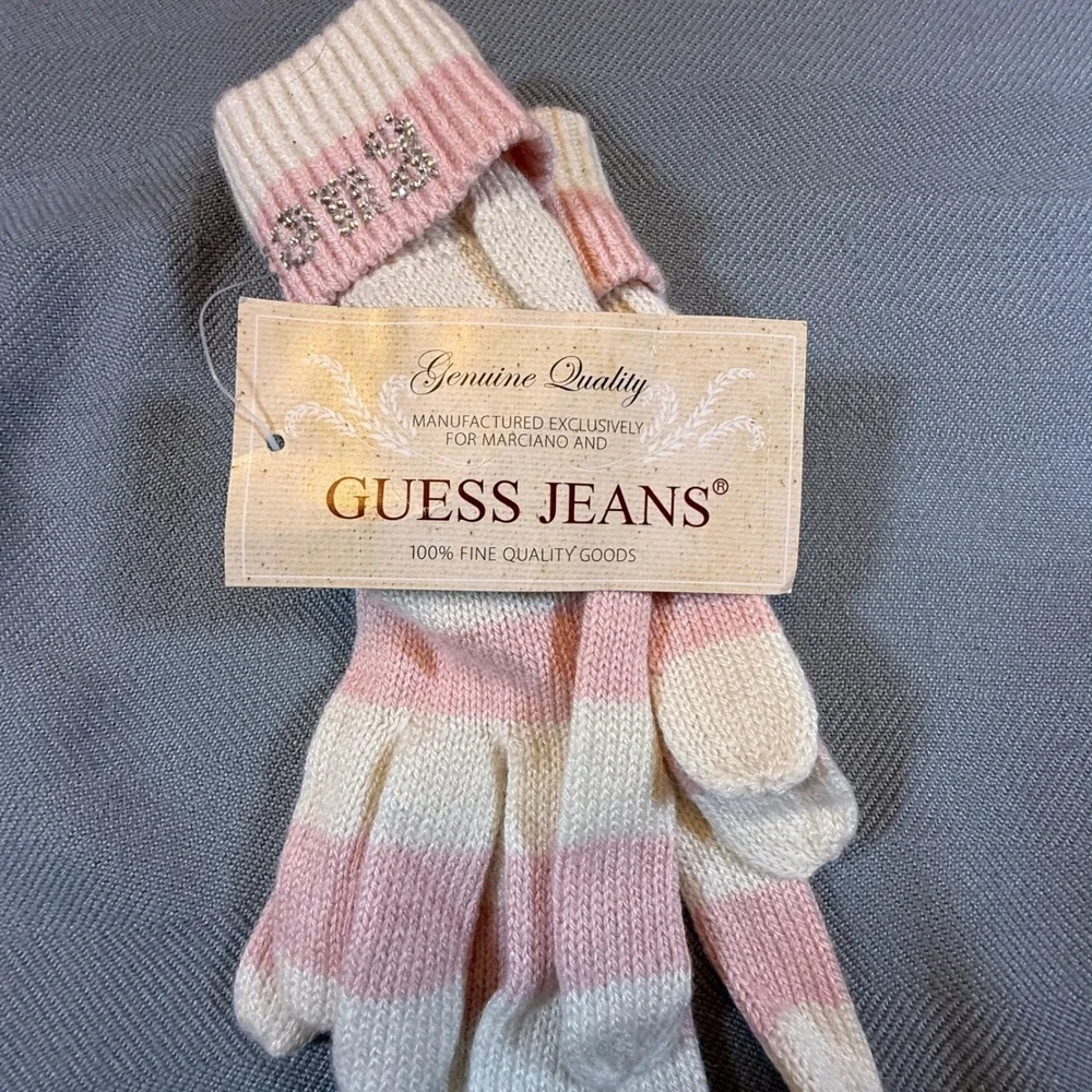 Guess Jeans Striped Knit Gloves Blush Milk Rhinestone Logo Cashmere Blend 2258